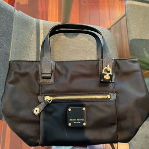 Henri Bendel black leather/nylon/satin bag